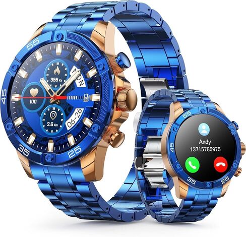 Men's Smart Watch Round HD 1.53" Gold Blue Smart Watches for Men, Multiple Sports Modes, Bluetooth Voice Call. Available for iOS and Android (Blue) in Kuwait