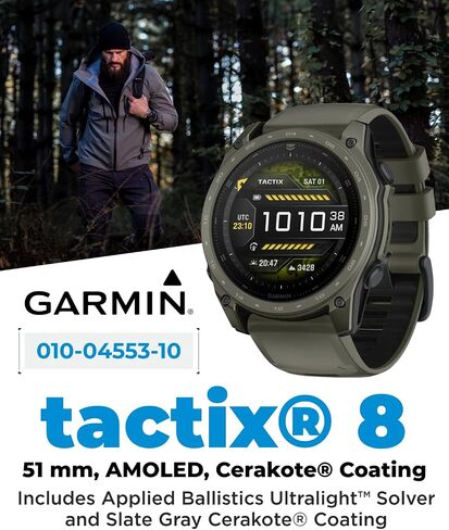 Garmin Tactix 8 51mm Cerakоtе, Premium Tactical GPS Smartwatch, AMOLED Display, Applied Ballistics Solver, Olive Drab Cerakоtе Coating Black Earbuds Bundle in Kuwait