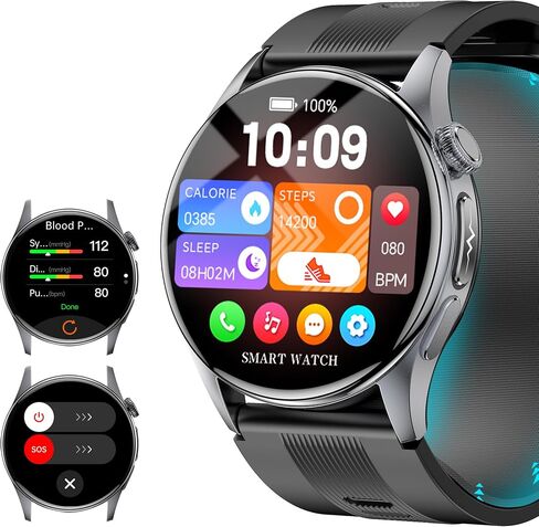 1.56" AMOLED Large Screen Smart Watches for Men Women, Airbag Blood Pressure Monitor Watch with Heart Rate Blood Oxygen Stress Sleep Tracking, SOS, Smart Fitness Watch for Android iPhone (Black) in Kuwait