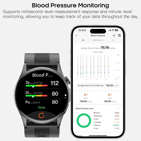 1.56" AMOLED Large Screen Smart Watches for Men Women, Airbag Blood Pressure Monitor Watch with Heart Rate Blood Oxygen Stress Sleep Tracking, SOS, Smart Fitness Watch for Android iPhone (Black) in Kuwait