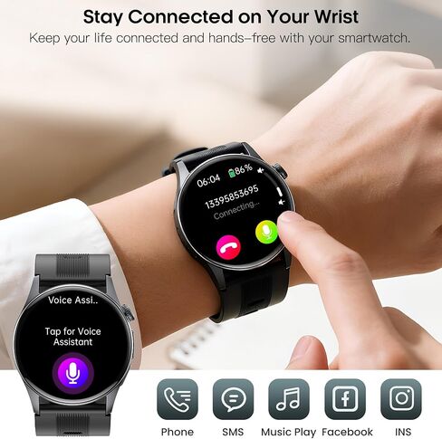 1.56" AMOLED Large Screen Smart Watches for Men Women, Airbag Blood Pressure Monitor Watch with Heart Rate Blood Oxygen Stress Sleep Tracking, SOS, Smart Fitness Watch for Android iPhone (Black) in Kuwait