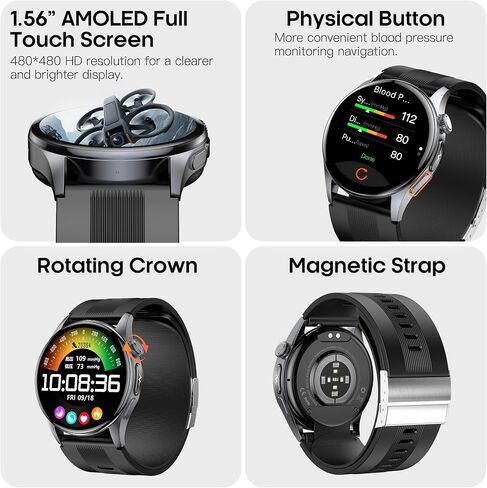 1.56" AMOLED Large Screen Smart Watches for Men Women, Airbag Blood Pressure Monitor Watch with Heart Rate Blood Oxygen Stress Sleep Tracking, SOS, Smart Fitness Watch for Android iPhone (Black) in Kuwait