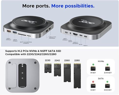 Acer Gadget Mac mini M4 Dock, 8TB M.2 NVMe/SATA SSD Enclosure & Stand, 4K@144Hz HDMI 2.1, 10Gbps USB-C & USB-A Hub, SD/TF Card Reader, 3.5mm Audio, Aluminum Docking Station for Mac mini M4 & M4 Pro in Kuwait