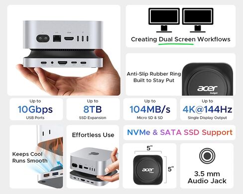 Acer Gadget Mac mini M4 Dock, 8TB M.2 NVMe/SATA SSD Enclosure & Stand, 4K@144Hz HDMI 2.1, 10Gbps USB-C & USB-A Hub, SD/TF Card Reader, 3.5mm Audio, Aluminum Docking Station for Mac mini M4 & M4 Pro in Kuwait