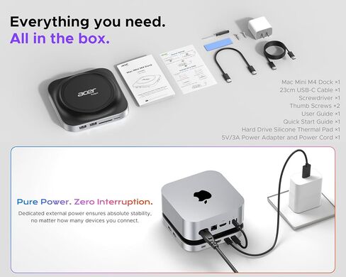 Acer Gadget Mac mini M4 Dock, 8TB M.2 NVMe/SATA SSD Enclosure & Stand, 4K@144Hz HDMI 2.1, 10Gbps USB-C & USB-A Hub, SD/TF Card Reader, 3.5mm Audio, Aluminum Docking Station for Mac mini M4 & M4 Pro in Kuwait