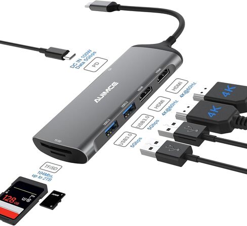 USB-C Docking Station Dual Monitor 2 HDMI 4K@60Hz, 7 in 1 USB C Hub Multiport Hdmi Splitter Adapter, 100W PD Port, 2X USB 3.0, SD/TF Card Reader, Portable Aluminum Dock for Windows Laptops in Kuwait
