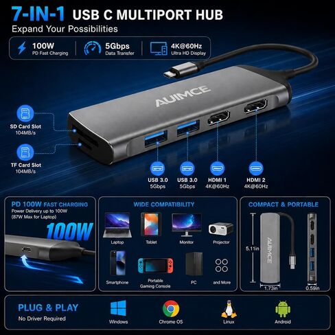USB-C Docking Station Dual Monitor 2 HDMI 4K@60Hz, 7 in 1 USB C Hub Multiport Hdmi Splitter Adapter, 100W PD Port, 2X USB 3.0, SD/TF Card Reader, Portable Aluminum Dock for Windows Laptops in Kuwait