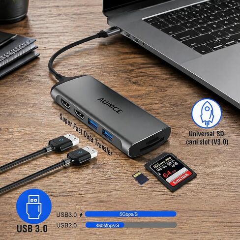 USB-C Docking Station Dual Monitor 2 HDMI 4K@60Hz, 7 in 1 USB C Hub Multiport Hdmi Splitter Adapter, 100W PD Port, 2X USB 3.0, SD/TF Card Reader, Portable Aluminum Dock for Windows Laptops in Kuwait