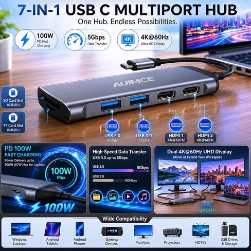 USB-C Docking Station Dual Monitor 2 HDMI 4K@60Hz, 7 in 1 USB C Hub Multiport Hdmi Splitter Adapter, 100W PD Port, 2X USB 3.0, SD/TF Card Reader, Portable Aluminum Dock for Windows Laptops in Kuwait