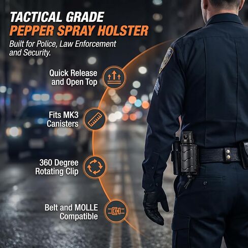MK3 Pepper Spray Holster for Duty Belt & MOLLE System, 360° Adjustable 16 Positions OC Spray Holder, Heavy Duty Polymer Quick Release Belt Clip for Law Enforcement, Tactical Gear in Kuwait