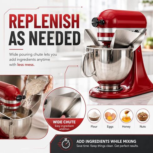 Stainless Steel Pouring Chute Compatible with KitchenAid Stand Mixer, Mess-Free Easy Pouring Guide for Flour & Liquids, Dishwasher Safe Baking Mixer Accessory in Kuwait