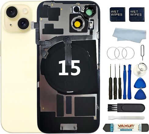 Back Glass Replacement for iPhone 15 6.1inch Back Cover with Wireless Charging Coil Flex Cable+Flashlight +Camera Frame (Black, iPhone 15) in Saudi Arabia