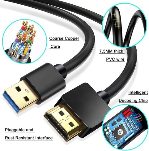USB to HDMI Adapter Cable 6.6FT, USB to HDMI Cable Male to Male Full 1080P HD Display Cable Audio Video Converter Cord for PC/Laptop to Monitor/HDTV/Projector Only for Windows XP/7/8/8.1/10 in Kuwait