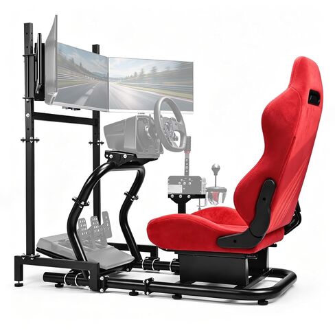 Minneer 50MM Adjustable Racing Cockpit with Red Suede Seat and Triple-Screen Monitor Stand Fit for Logitech G29 G920 G923, for Thrustmaster, for Fanatec Adjustable Racing Wheel Stand, Gaming Race Cockpit Without Steering Wheel Pedal Shifter in Kuwait