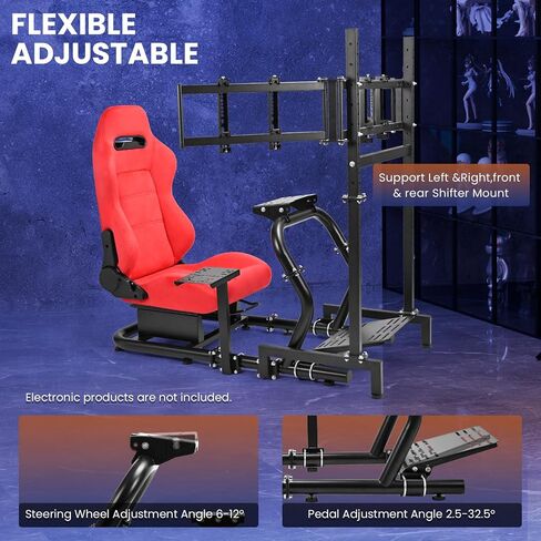 Minneer 50MM Adjustable Racing Cockpit with Red Suede Seat and Triple-Screen Monitor Stand Fit for Logitech G29 G920 G923, for Thrustmaster, for Fanatec Adjustable Racing Wheel Stand, Gaming Race Cockpit Without Steering Wheel Pedal Shifter in Kuwait