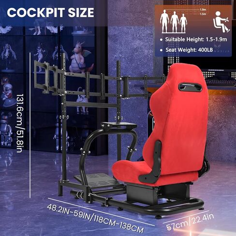 Minneer 50MM Adjustable Racing Cockpit with Red Suede Seat and Triple-Screen Monitor Stand Fit for Logitech G29 G920 G923, for Thrustmaster, for Fanatec Adjustable Racing Wheel Stand, Gaming Race Cockpit Without Steering Wheel Pedal Shifter in Kuwait