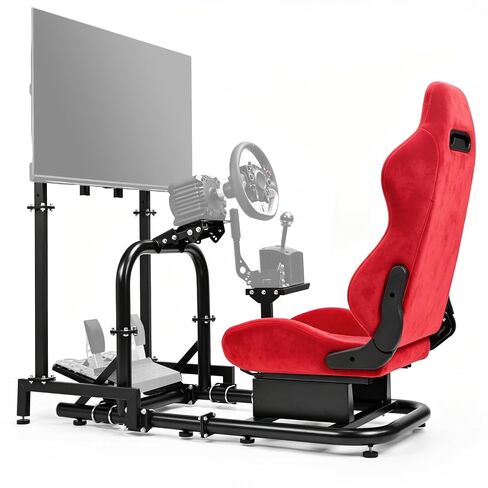 Minneer Stable Racing Simulator Cockpit with Red Suede Seat and Monitor Stand Fit for Logitech G29 G920, for Thrustmaster T248 T300, for Fanatec, Racing Wheel Stand, Wheel Pedal Handbrake Not Included in Kuwait