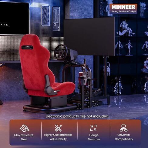 Minneer Stable Racing Simulator Cockpit with Red Suede Seat and Monitor Stand Fit for Logitech G29 G920, for Thrustmaster T248 T300, for Fanatec, Racing Wheel Stand, Wheel Pedal Handbrake Not Included in Kuwait