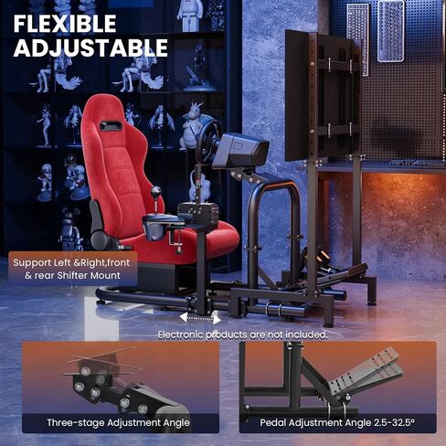 Minneer Stable Racing Simulator Cockpit with Red Suede Seat and Monitor Stand Fit for Logitech G29 G920, for Thrustmaster T248 T300, for Fanatec, Racing Wheel Stand, Wheel Pedal Handbrake Not Included in Kuwait