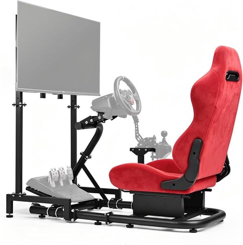 Minneer Racing Sim Cockpit with Red Suede Seat and TV stand Fit for Logitech G29 G920,for Thrustmaster T248,for Fanatec,Gaming Steering Wheel Stand,Not Included Wheel,Pedal & Handbrake in Kuwait