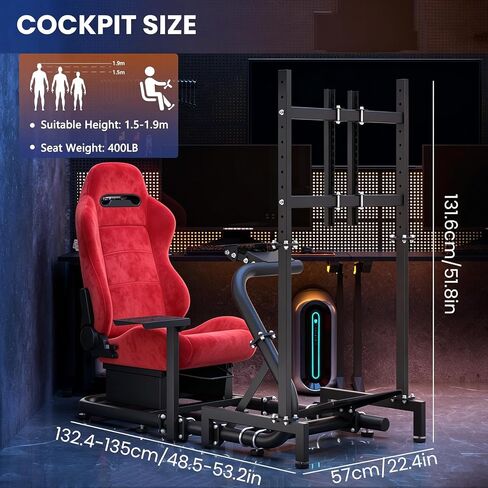 Minneer Racing Sim Cockpit with Red Suede Seat and TV stand Fit for Logitech G29 G920,for Thrustmaster T248,for Fanatec,Gaming Steering Wheel Stand,Not Included Wheel,Pedal & Handbrake in Kuwait