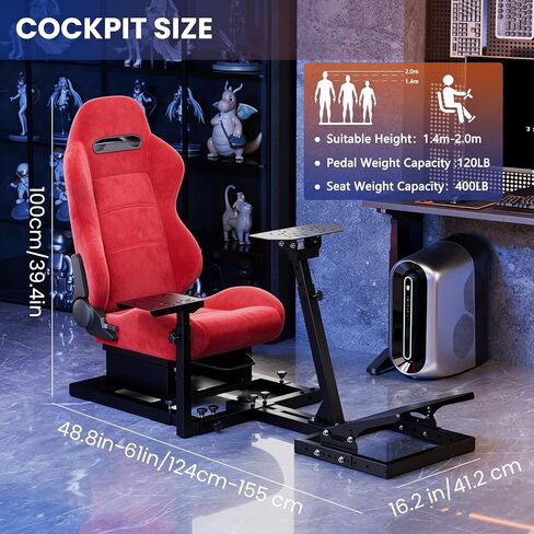 Minneer Racing Simulator Cockpit with Red Suede Seat Fit for Logitech G27 G29 G920, for Thrustmaster T300RS GT, Stable Upgrade Racing Steering Wheel Cockpit, Wheel Pedals Not Included in Kuwait