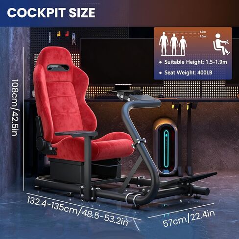 Minneer Racing Simulator Cockpit with Red Suede Seat Fit for Logitech G29 G920,for Thrustmaster T248,for Fanatec,Flange Structure Gaming Steering Wheel Stand,Not Included Wheel,Pedal & Handbrake in Kuwait