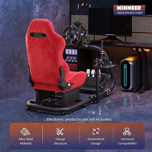 Minneer Racing Simulator Cockpit with Red Suede Seat Fit for Logitech G29 G920,for Thrustmaster T248,for Fanatec,Flange Structure Gaming Steering Wheel Stand,Not Included Wheel,Pedal & Handbrake in Kuwait