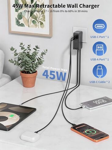 Retractable USB C Charger,45W iPhone Charger Fast Charging,4in1 Foldable Charger Plug Block Dual Type C Cable Cord for iPhone 17E/17 ProMax/17/16e/16/15,Samsung Galaxy S26Ultra/S26/S25/S24/S23,Android in Kuwait