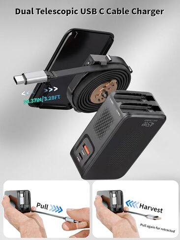 Retractable USB C Charger,45W iPhone Charger Fast Charging,4in1 Foldable Charger Plug Block Dual Type C Cable Cord for iPhone 17E/17 ProMax/17/16e/16/15,Samsung Galaxy S26Ultra/S26/S25/S24/S23,Android in Kuwait