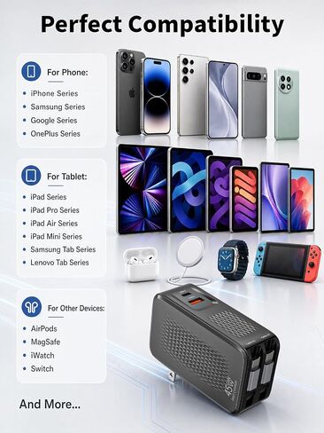 Retractable USB C Charger,45W iPhone Charger Fast Charging,4in1 Foldable Charger Plug Block Dual Type C Cable Cord for iPhone 17E/17 ProMax/17/16e/16/15,Samsung Galaxy S26Ultra/S26/S25/S24/S23,Android in Kuwait