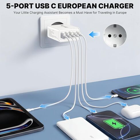 European Charger 5 Port USB C Charger Block, European Travel Plug Adapter in Kuwait