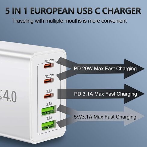 European Charger 5 Port USB C Charger Block, European Travel Plug Adapter in Kuwait