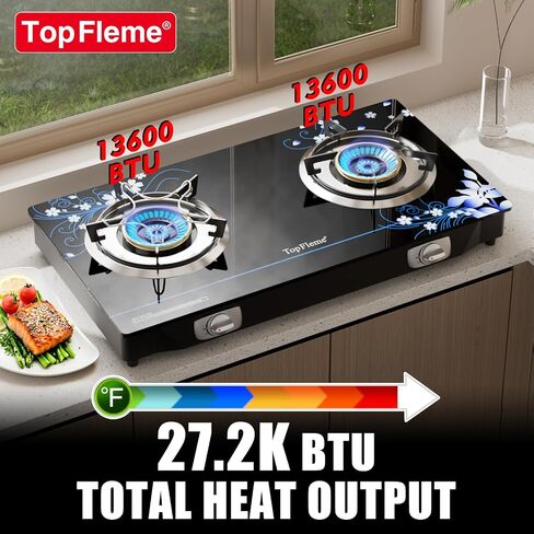 2 Burner Propane Stove 27,200 BTU High-Efficiency Tempered Glass Auto-Ignition Gas Burner Stove Top with CSA Hose for Outdoor RV Camping Emergency Cooking in Saudi Arabia