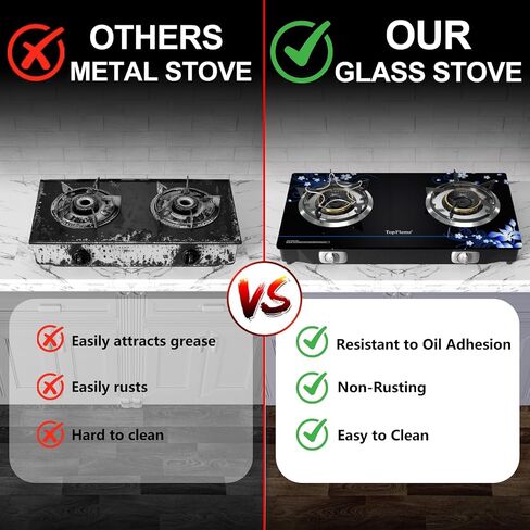 2 Burner Propane Stove 27,200 BTU High-Efficiency Tempered Glass Auto-Ignition Gas Burner Stove Top with CSA Hose for Outdoor RV Camping Emergency Cooking in Saudi Arabia