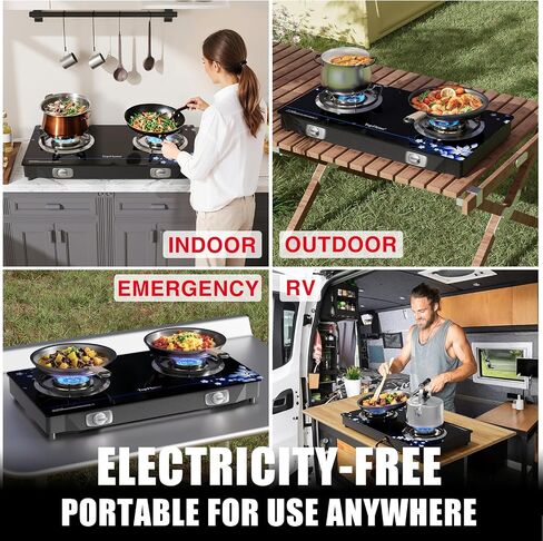 2 Burner Propane Stove 27,200 BTU High-Efficiency Tempered Glass Auto-Ignition Gas Burner Stove Top with CSA Hose for Outdoor RV Camping Emergency Cooking in Saudi Arabia