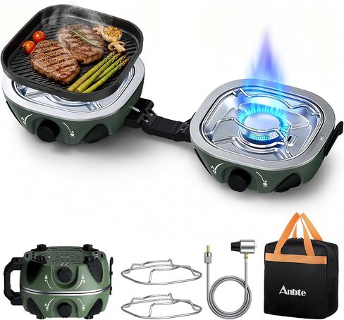 Anbte 20.6" Folding Propane Camping Stove with Adjustable Burners, Green in Kuwait