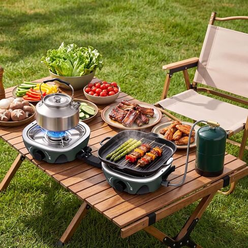 Anbte 20.6" Folding Propane Camping Stove with Adjustable Burners, Green in Kuwait