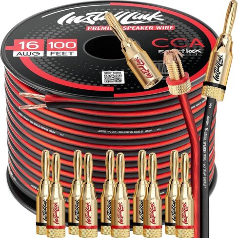 Install Link 16 AWG Gauge Speaker Wire, 100 Feet (CCA) + 12 Banana Plugs in Kuwait