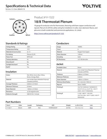 Voltive 18/8 Thermostat Wire, Plenum CL3P, Brown, 500ft - 18AWG, 8 Conductors, Solid Bare Copper, UL Listed - V-1322-1 in Kuwait