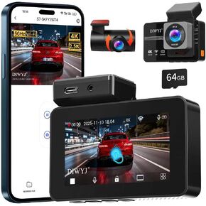 Dash Cam Front and Rear, 4K+2.5K with 170° Fisheye Lens, Full HD Dash Camera for Cars, 5GHz WiFi, IR Night Vision, WDR, 64GB Card Included (Dual Channel) in Kuwait