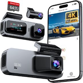 Anyski 3 Channel 4K Dash Cam Front and Rear Inside, Built-in 5G WiFi, 4K+1080P+1080P Dash Camera for Cars with 64GB Card, Dashcam with Loop Recording, G-Sensor, 24H Parking Monitor, Silver in Kuwait