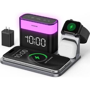 ANJANK GlowDock 5-in-1 Wireless Charging Station with Alarm Clock,Qi2.2 25W Magnetic Multi Charger Stand, Aluminum Silent Cooling,8 Nightlight,for iPhone 17 Air 16 15 Pro Max Plus, Apple Watch,AirPods in Kuwait