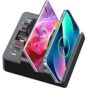 TOPOINT Wireless Charging Station with 6 USB Ports, 8 in 1 15W Dual Wireless Charger Station, 2 QC/2 PD USB Fast Charging Station, 80W Phone Charger for iPhone14/13/12/11/X/Samsung/Android/iWatch in Kuwait