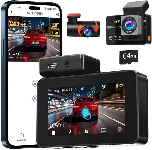 Dash Cam Front and Rear, 4K+2.5K with 170° Fisheye Lens, Full HD Dash Camera for Cars, 5GHz WiFi, IR Night Vision, WDR, 64GB Card Included (Dual Channel) in Kuwait