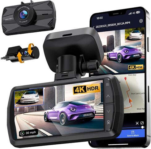 4K Dash Cam Front and Rear, Built-in WiFi GPS, 3" IPS Screen, HDR Night Vision Dash Camera for Cars, G-Sensor App Control, Emergency Lock, Accident Record, Parking Mode, Support 512GB Max in Kuwait