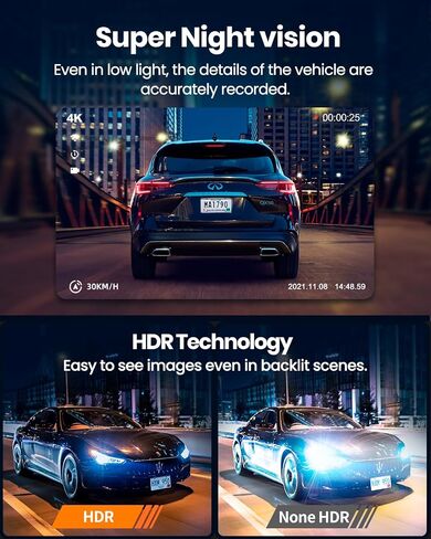 4K Dash Cam Front and Rear, Built-in WiFi GPS, 3" IPS Screen, HDR Night Vision Dash Camera for Cars, G-Sensor App Control, Emergency Lock, Accident Record, Parking Mode, Support 512GB Max in Kuwait