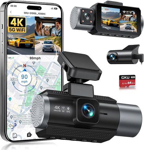 GKU 4K 3 Channel Dash Cam Front and Rear Inside, 3" IPS Screen in Kuwait