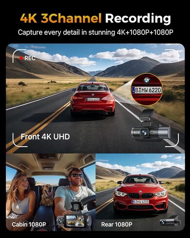 GKU 4K 3 Channel Dash Cam Front and Rear Inside, 3" IPS Screen in Kuwait