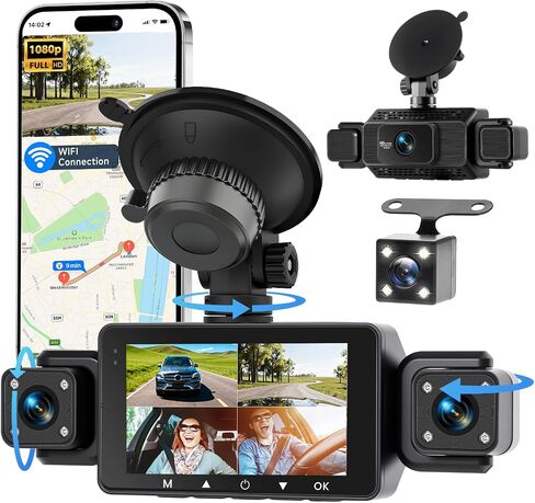 Hodozzy 4 Channel Dash Cam 360° View Front and Inside Rear, 3 Inch 1080P Full HD Dash Camera for Car with 5G WiFi & App, Night Vision, Parking Mode, G-Sensor, Loop Recording in Kuwait